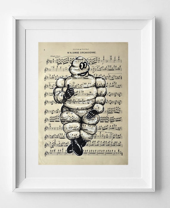 BIBENDUM MICHELIN, Print on vintage sheet music, 31.2cm x 23.7cm (12.28" x 9.33") Drawing, Art Printed on book, Michelin Doll, Decoration