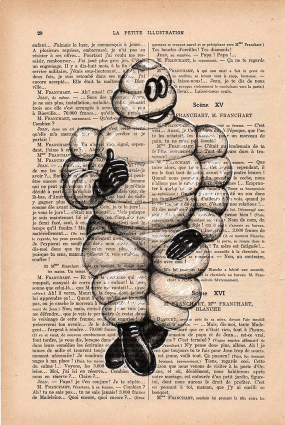 BIBENDUM MICHELIN, Print on Vintage Book, Drawing, Art Print on Book,  Recycled Paper, Pop Art, Lowbrow, Michelin Doll, Decoration 