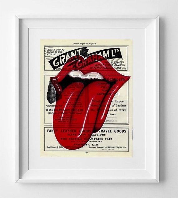 Rolling Stones Language, Rolling Stones Print, Print on vintage paper, Britihs paper art, Satanic Majesties, paper art vintage music art