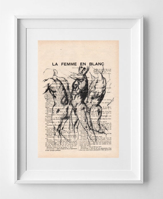 Vintage French Book Page Print: Moving Man, Original Gaze Drawing, Lowbrow Art 28x19cm.