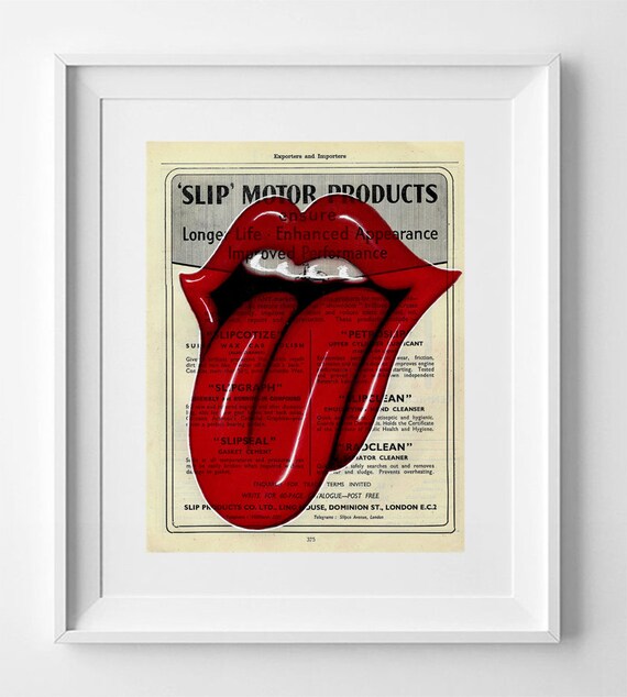 Rolling Stones Language, Rolling Stones Print, Print on vintage paper, Britihs paper art, Satanic Majesties, paper art vintage music art