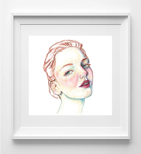 Soft-faced girl. Drawing with colored pencils on paper, Art on paper, Realistic portrait, Contemporary art, Wall decoration
