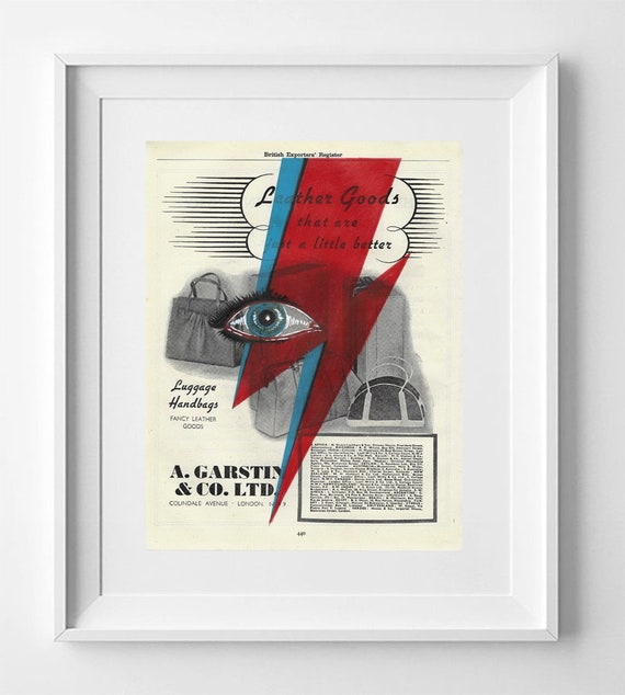 David Bowie Eyes, Lightning Ziggy Stardust, Bowie Lightning Print, Print on vintage book page, Drawing, art Printed on Book, music art