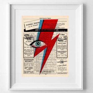 Stampa di una pagina di libro d'epoca: disegno musicale Ziggy Stardust Lightning Bolt Eyes di David Bowie, 25,5x20 cm.