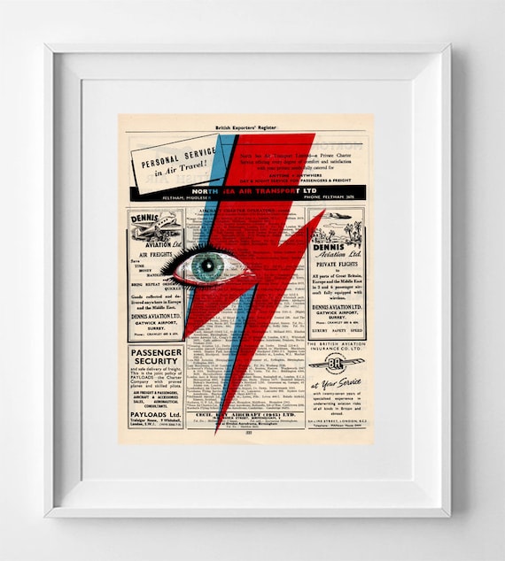 David Bowie Eyes, Lightning Ziggy Stardust, Bowie Lightning Print, Print on vintage book page, Drawing, art Printed on Book, music art