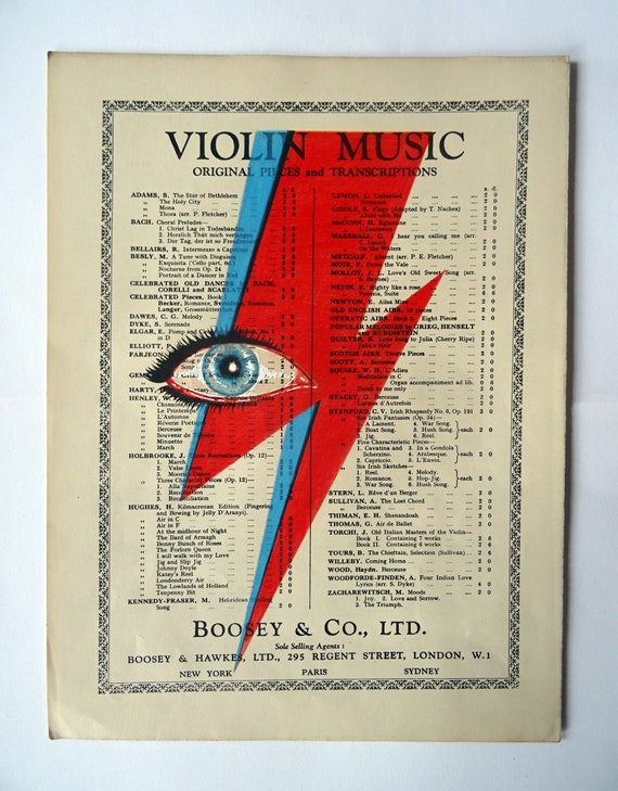 David Bowie Lightning Bolt Print on Vintage Sheet Music - Ziggy