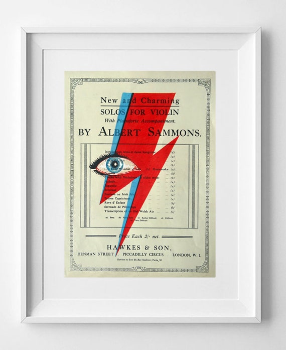 David Bowie Lightning 31.2cm x 23.7cm (12.28" x 9.33") David Bowie Eyes, Lightning Ziggy Stardust, Print on vintage sheet music, music paper art