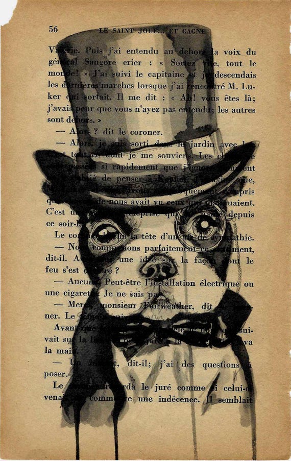 Dog Mr. Pots, Vintage Book Page Mini Print: Whimsical Dog Portrait Drawing - Unique Antique Paper Art - 12 x 18cm. Vintage dog print decor.