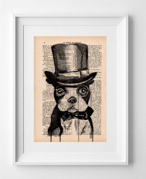 MR. POTS, French bulldog, Print on French vintage book page, Artwork Printed on book, Original dog drawing, Decoration.