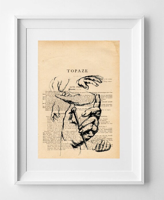Vintage French Illustration Print: Hand Drawing on Recycled 1920s La Petite Illustration Page 28x19cm.