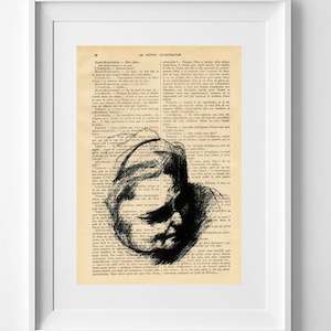 Stampa di una pagina di libro francese d'epoca: figura femminile di basso profilo, disegno originale dello sguardo 28x19 cm