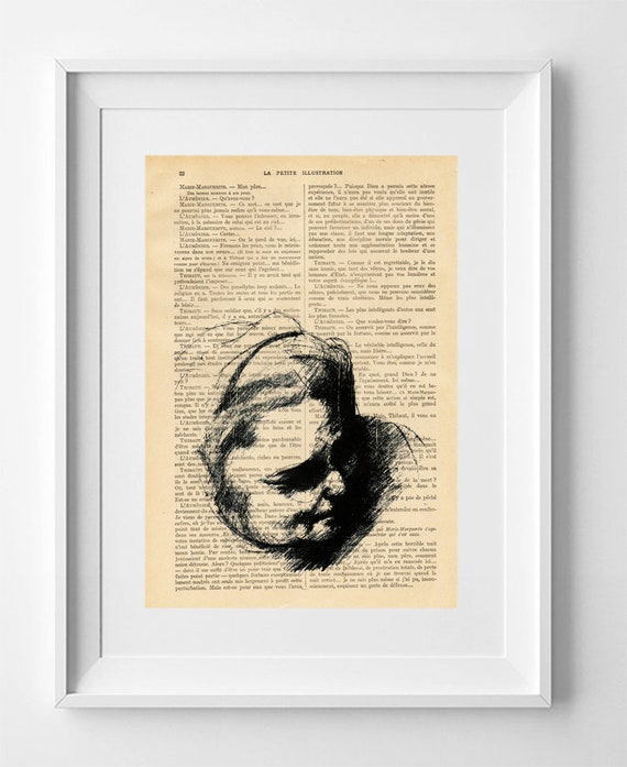 WOMAN, Print on French vintage book page, Artwork, Print on book, Original look drawing, Wall decor, lowbrow