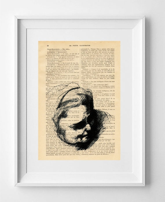 Vintage French Book Page Print: Lowbrow Female Figure Wall Art, Original Gaze Drawing 28x19cm