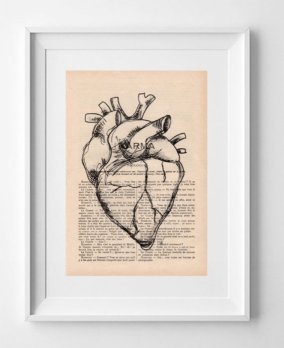 HEART. 28x19cm. Print on French vintage book page, Artwork, Print on book, Original anatomical heart, Wall decoration