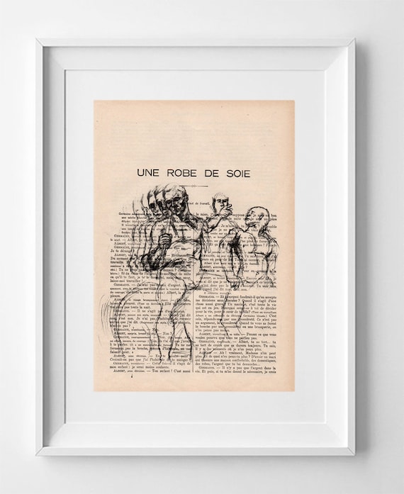 MAN ON HORSE, Print on French Vintage Book Page, Artwork, Book Print, Original Female Figure Drawing, Decoration