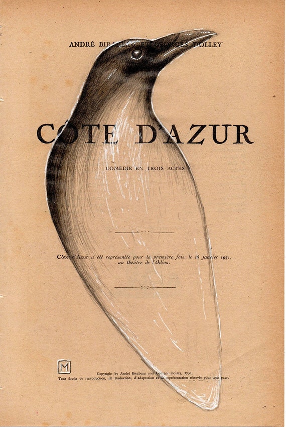 CROW Nº16. Cote D'Azur. Vintage 1920s French Crow Illustration: Original Pencil & White Ink Drawing on La Petite Page 28x19cm.