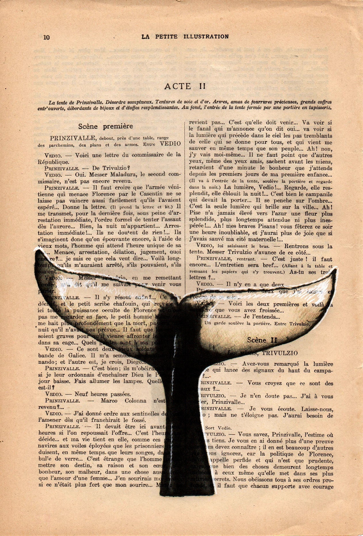 Vous Nous Devez ça Veut Dire Quoi WHALE TAIL. Printed drawing on recycled original page of the French publication La Petite Illustration of the year 1920.