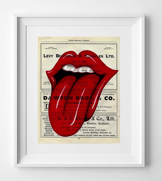 Rolling Stones Language, Rolling Stones Print, Print on vintage paper, Britihs paper art, Satanic Majesties, paper art vintage music art