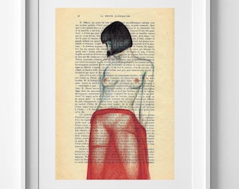 WOMEN, Print on French vintage book page, 28cm x 19cm // 11" x 7.5", art, Print on book, Original female figure drawing