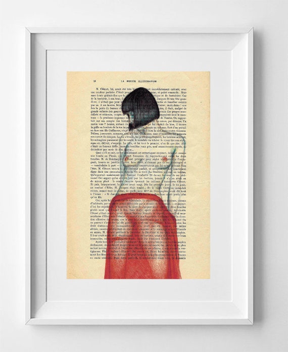 WOMEN, Print on French vintage book page, 28cm x 19cm // 11" x 7.5", art, Print on book, Original female figure drawing