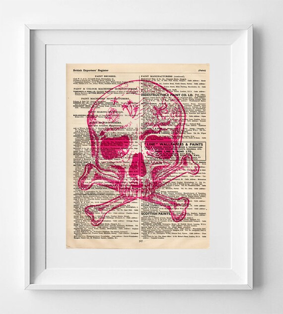 PINK PIRATE SKULL. Printed drawing on original page of the English publication Sell's National Directory and british exporter of 1949.