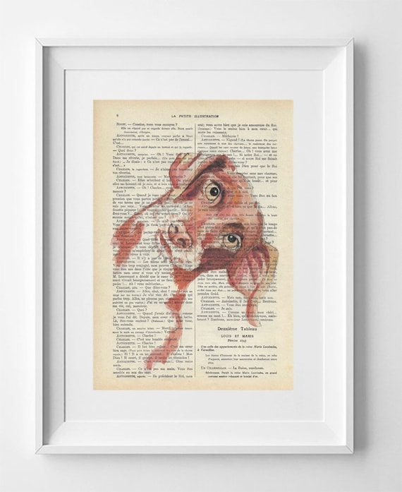 FRIENDLY DOG, Print on French Vintage Book Page, Artwork Printed on Book, Original Dog Drawing, Wall Decor.