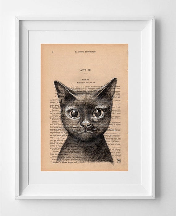 BLACK CAT, Print on French Vintage Book Page, Artwork Printed on Book, Original Cat Drawing, Wall Decor.