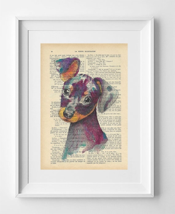 PUPPY, Print on French Vintage Book Page, Artwork Printed on Book, Original Dog Drawing, Wall Decor.