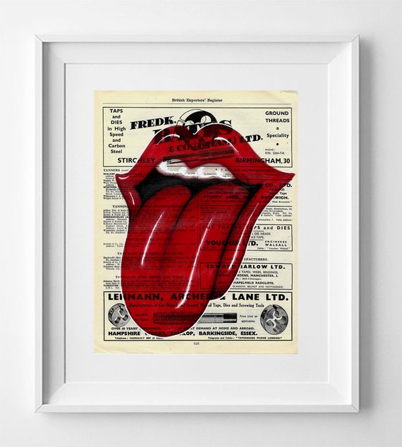 Rolling Stones Language, Rolling Stones Print, Print on vintage paper, Britihs paper art, Satanic Majesties, paper art vintage music art