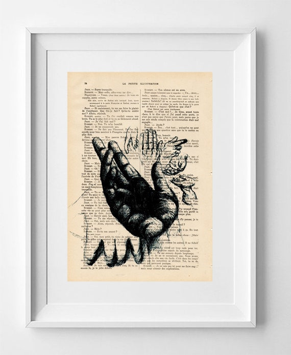 BLACK HAND, Print on French vintage book page, Artwork, Print on book, Original look drawing, Decoration, lowbrow