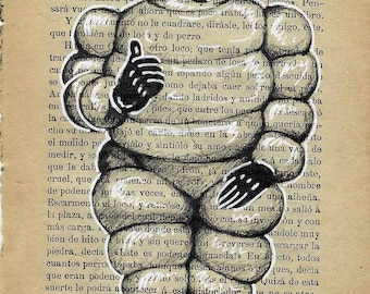 May include: A black and white illustration of a cartoon tire character with a thumbs up gesture. The character is wearing a hat and has a big smile. The illustration is drawn on a page of a book with text.