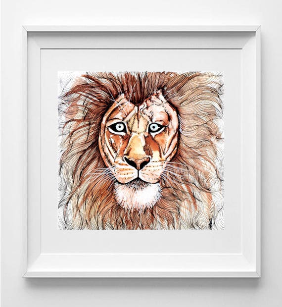 Handcrafted Lion Illustration: Tribal-Inspired Wall Art Print for Safari Decor (21x21cm)