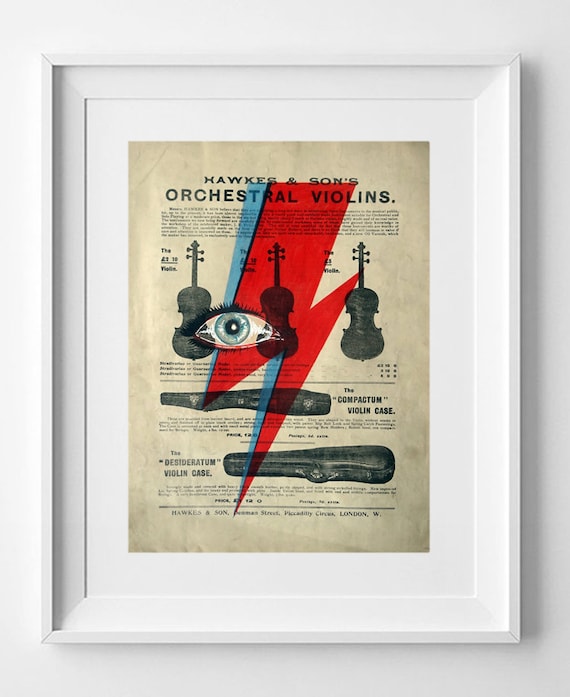 David Bowie Lightning Bolt Print on Vintage Sheet Music - Ziggy Stardust Eyes Wall Art - 31.2cm x 23.7cm (12.28" x 9.33")