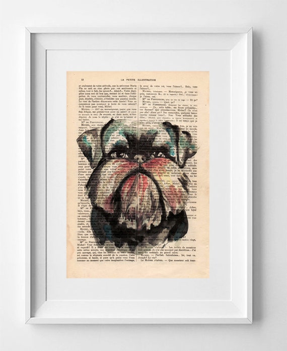 BRUSSELS GRUFFON, Print on French Vintage Book Page, Artwork Printed on Book, Original Dog Drawing, Wall Decor.