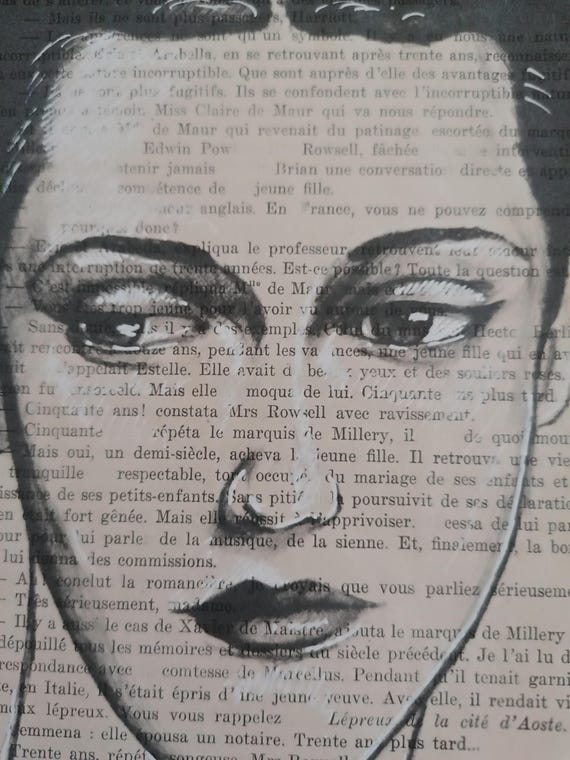 Hipster Girl: Art Print on Vintage French Page, Original Lowbrow Drawing, Decoration 28x19cm.