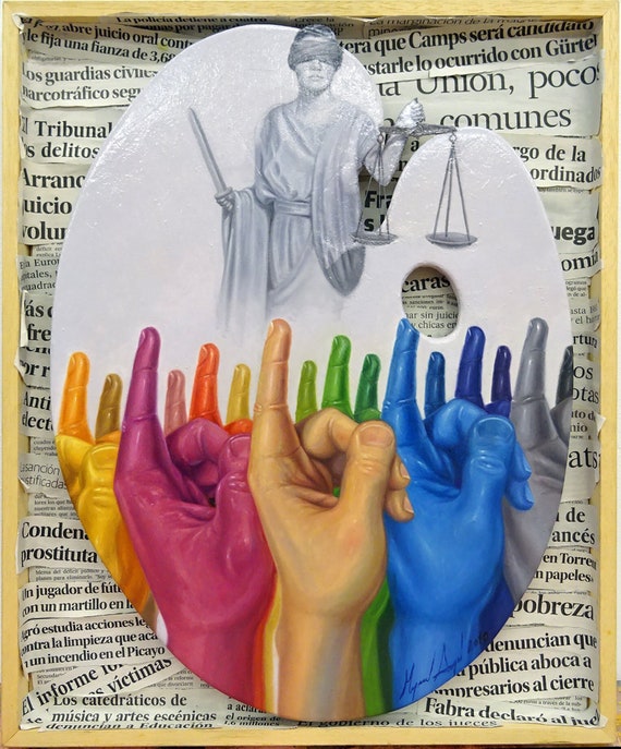 EQUALITY AND JUSTICE. Oil painting and paper on board. Contemporary art.