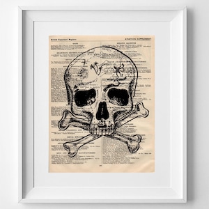 Vintage zwarte piratenschedelprint op Engelse directorypagina uit 1949 - Unieke gotische wandkunst 25,5x20cm.