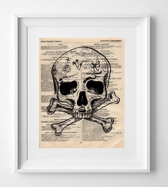 BLACK PIRATE SKULL. Printed drawing on the original page of the English publication Sell's National Directory and british exporter of 1949