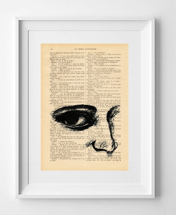 LOOK, Print on French vintage book page, Artwork, Print on book, Original look drawing, Wall decor, lowbrow