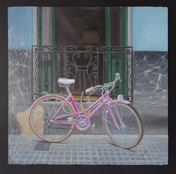 Vibrant Pink Bicycle Contemporary Acrylic and Oil Painting on Board - Lowbrow Figurative Art from Valencia