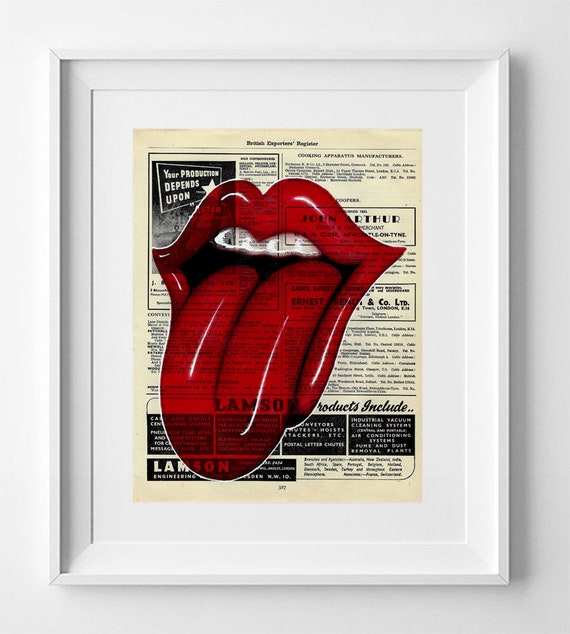 Rolling Stones Language, Rolling Stones Print, Print on vintage paper, Britihs paper art, Satanic Majesties, paper art vintage music art