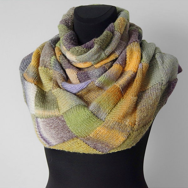 Hand-knitted entrelac multicolor shaded collar scarf/ neck warmer (sunny yellow, pistachio, sage green, gray, periwinkle)