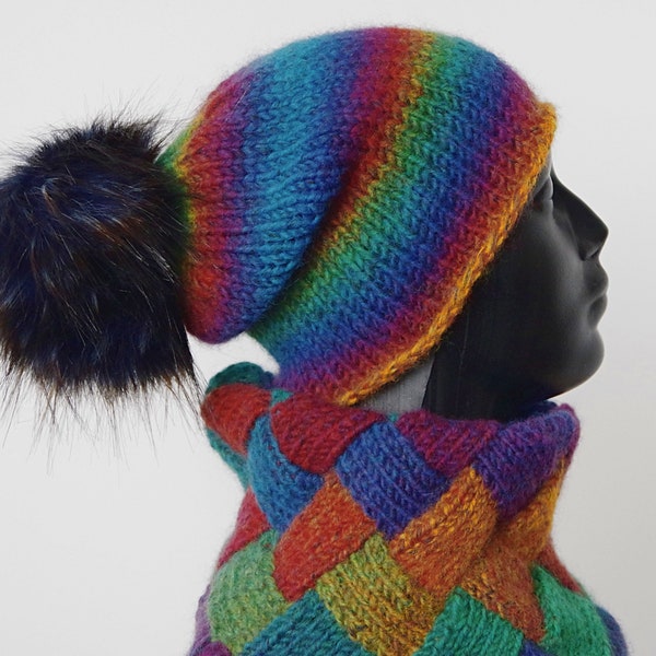 Hand-knitted multicolor shaded set: neck warmer + hat with faux fur pom-pom (green, teal, blue, purple, ruby, red, crimson, orange, yellow)