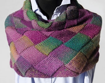 Hand-knitted entrelac multicolor shaded cowl/ neck warmer/ snood/ capelet (lime green, teal, violet, purple, lavender, mauve, golden yellow)