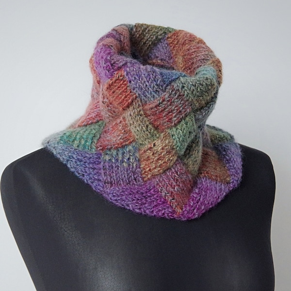 Hand-knitted entrelac multicolor shaded collar scarf/ neck warmer (yellow, orange, coral, amber, lavender, purple, blue, teal, green)