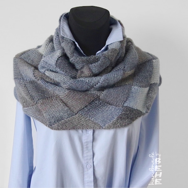 Hand-knitted entrelac shaded cowl/ neck warmer/ snood/ poncho (ash grey, light grey, silver, ivory, white, slate-blue, gunmetal, dark grey)
