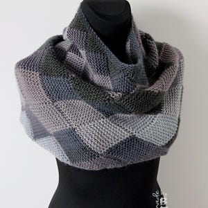 Hand-knitted entrelac multicolor shaded cowl/ neck warmer/ snood/ capelet (cadet gray, ash gray, cinerous, slate, gunmetal, black)