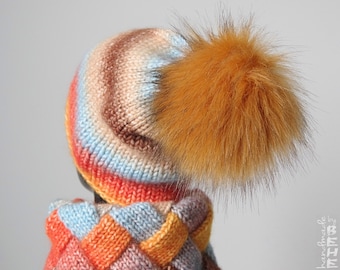 Hand-knitted multicolor shaded set: neck warmer + hat with faux fur pom-pom (sunny yellow, orange, coral, amber, beige, brown, bright blue)