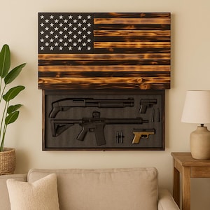 Black & Burnt Distressed American Flag Concealment Wall Art – Biometric Lock