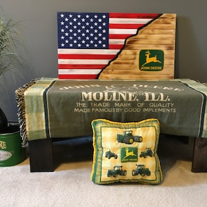 John Deere Flag Wall Art – Rustic Green & Yellow American Flag – Farmhouse Tractor Decor – Veteran-Made Wood Wall Panel